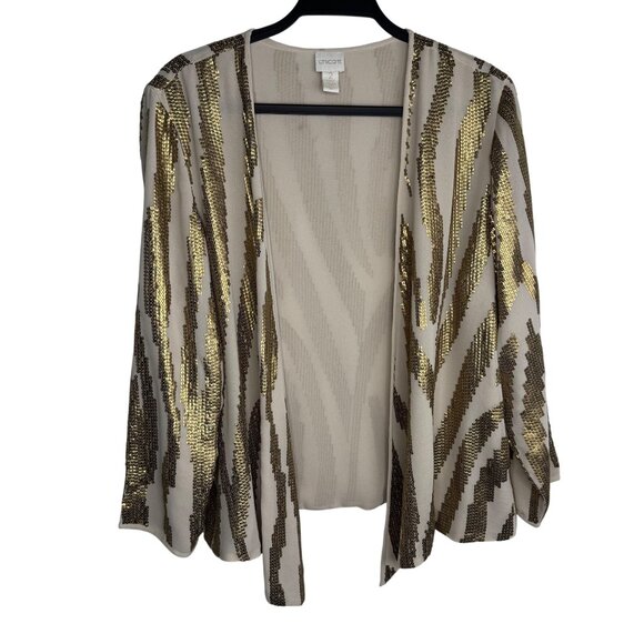 Chico's Sweaters - Chicos Size 2 Open Front Sheer Beige & Gold Sequin Kimono Jacket
